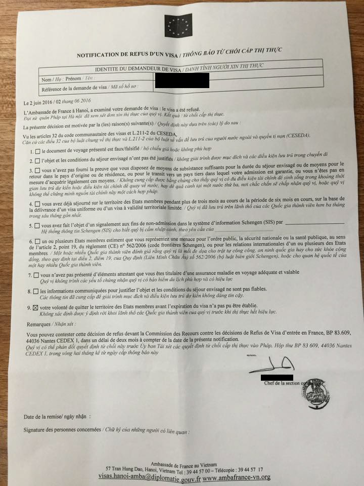 Mẫu giấy từ chối visa của lãnh sứ quán Pháp